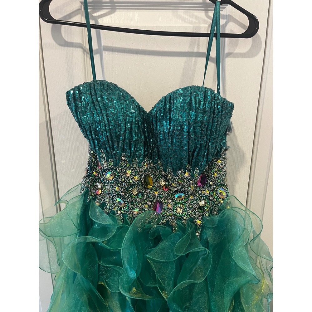 Emerald Green High Low Dress Sequin Crystal Embellished Ruffle Gown Strapless SM - Picture 4 of 17